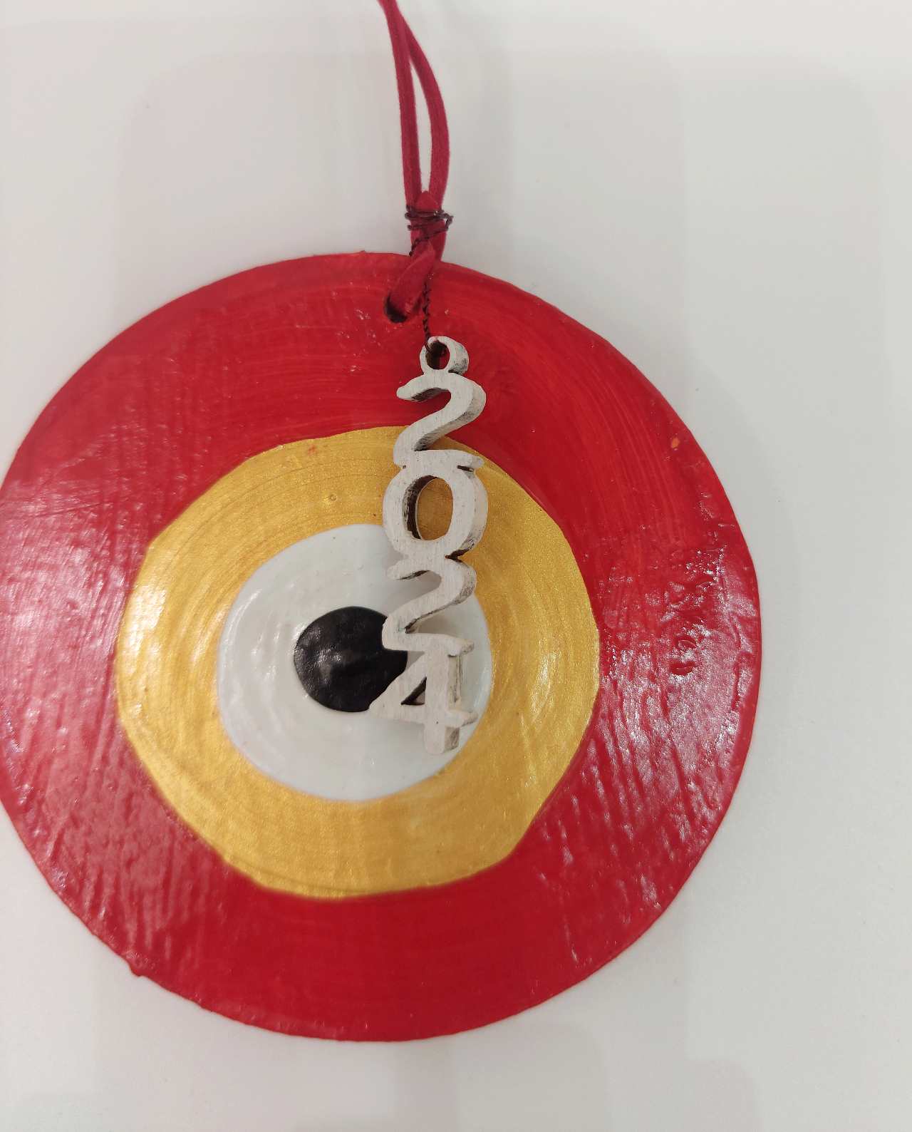 Lucky Charm 2024 Wooden Evil Eye Red Gold Zoom 