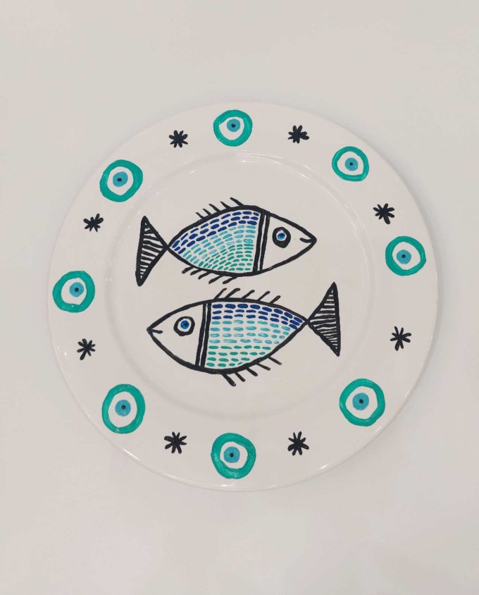 Plate Ceramic “Fish” Diameter 31 cm Turquoise Evil Eyes