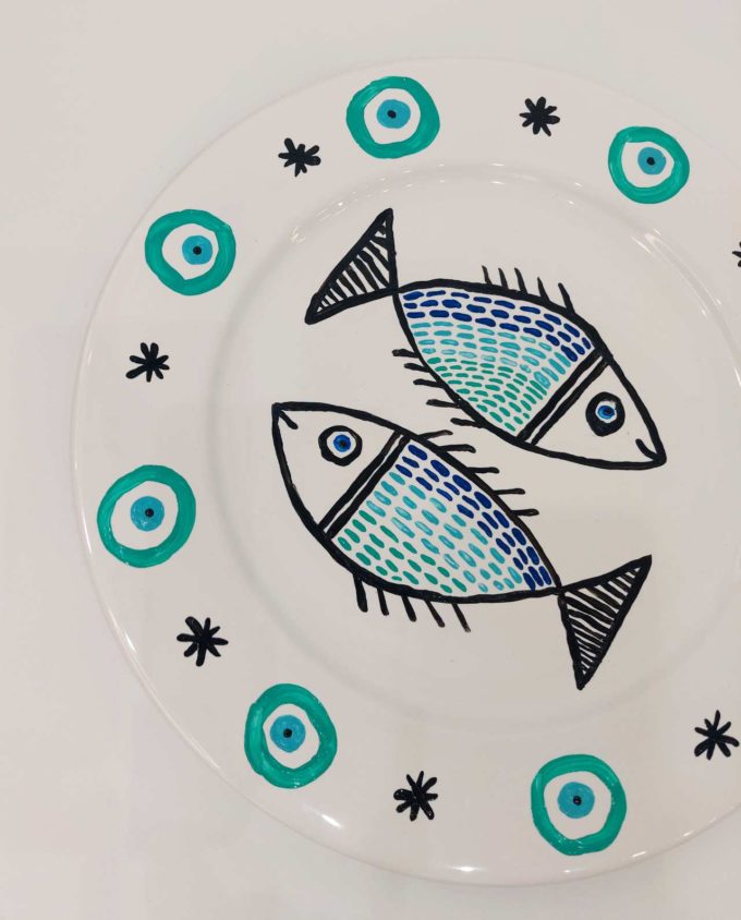 Plate Ceramic “Fish” Diameter 31 cm Turquoise Evil Eyes