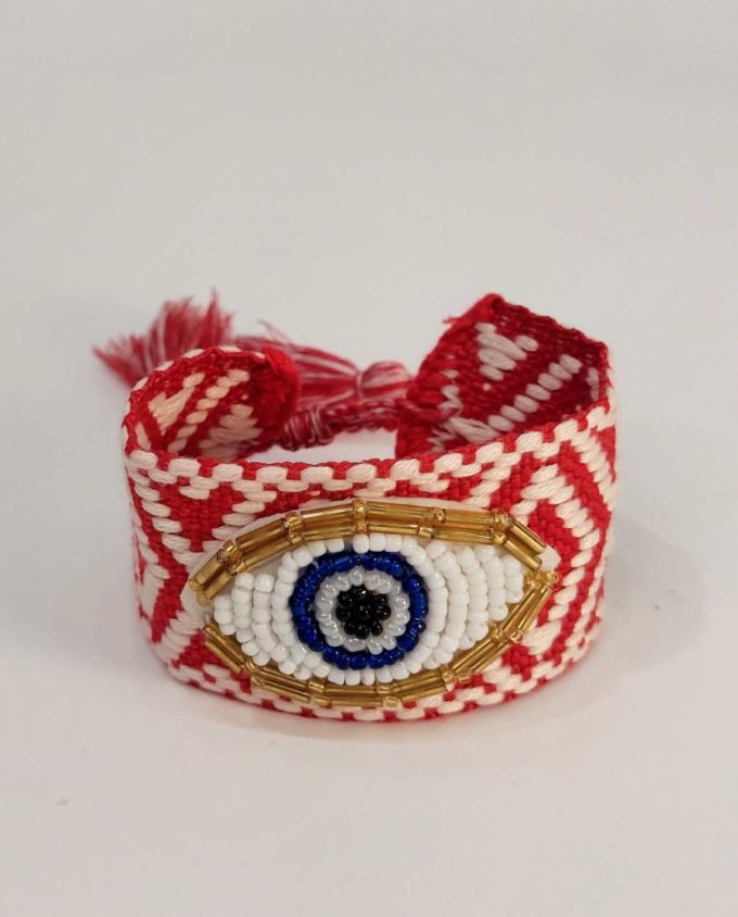 Bracelet Fabric Red White Evil Eye Beads