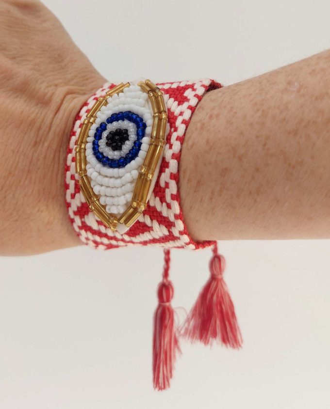 Bracelet Fabric Red White Evil Eye Beads