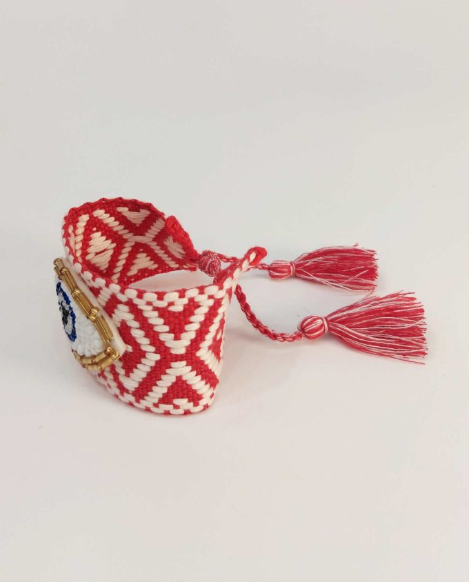 Bracelet Fabric Red White Evil Eye Beads