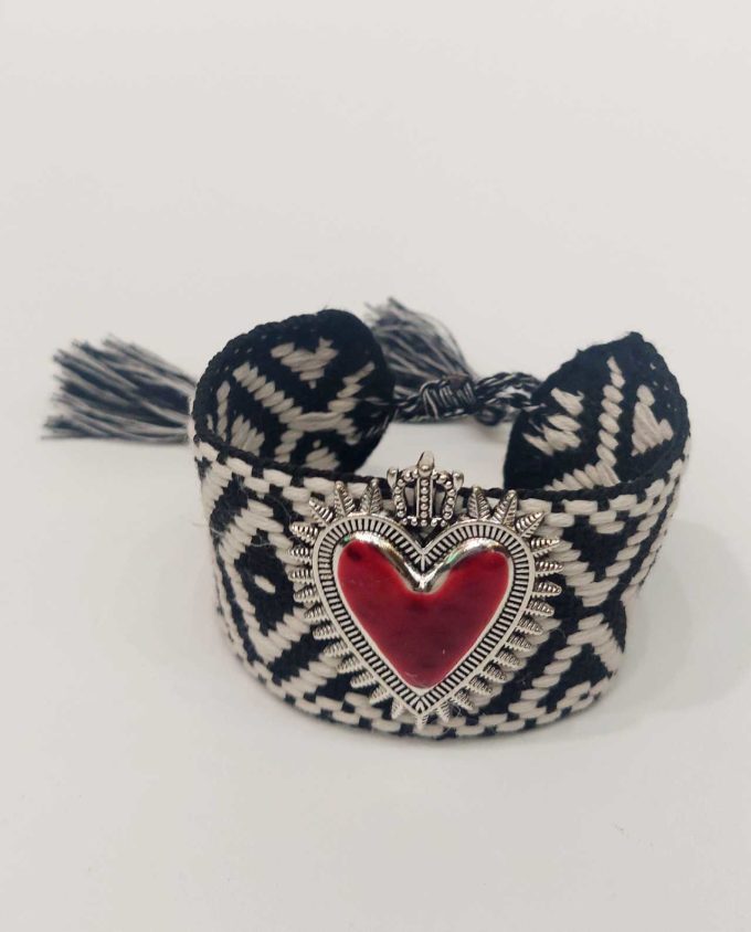 Bracelet Fabric Black White Red Heart