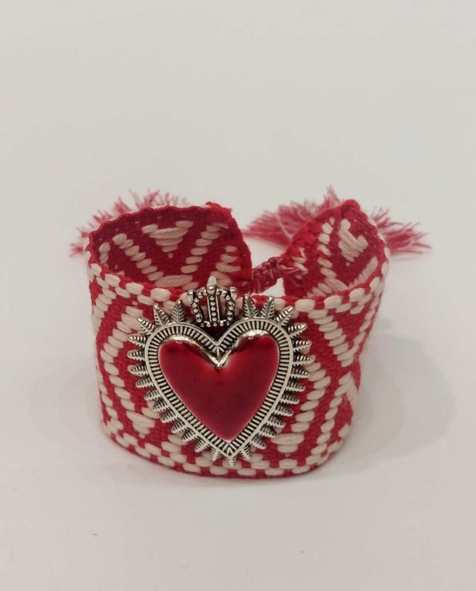 Bracelet Fabric Red White Red Heart