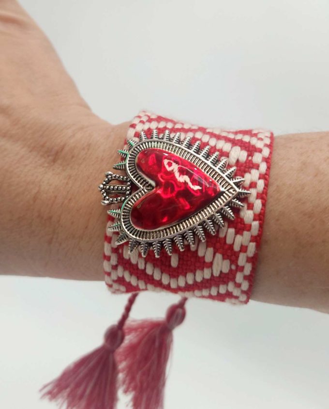 Bracelet Fabric Red White Red Heart