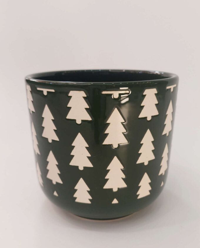 Ceramic Green Pot "Xmas Trees" Height 13 cm