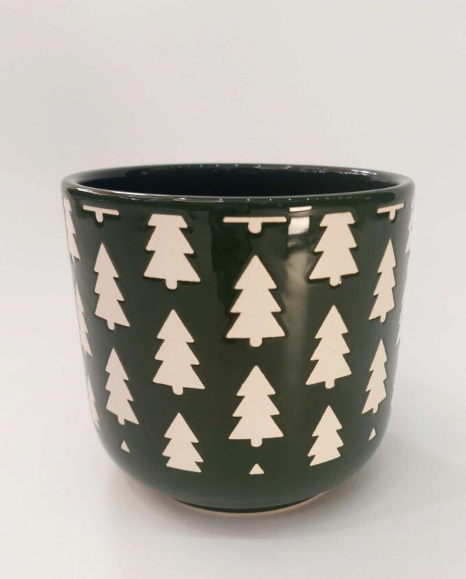 Ceramic Green Pot "Xmas Trees" Height 13 cm