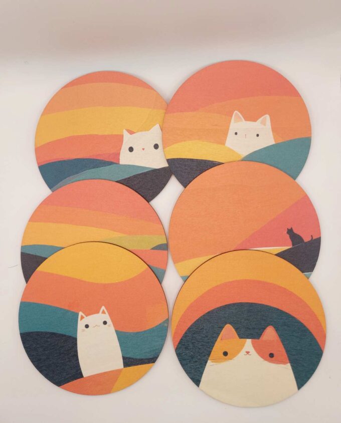 Coaster Wooden "Cute Cat" Set 6 Pieces